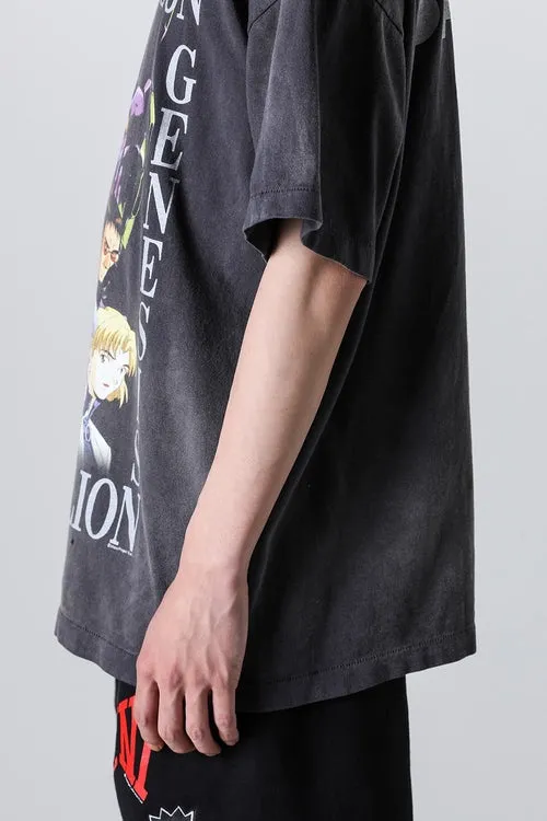 SAINT Mxxxxxx × EVANGELION NEON GNSIS TEE/BLK co-branded Neon Genesis Evangelion distressed short-sleeves, washed black S-XL, vintage NEW VINTAGE, top printing technology, garment dyeing, re-washed, distressed, correct co-branded main mark/washing mark